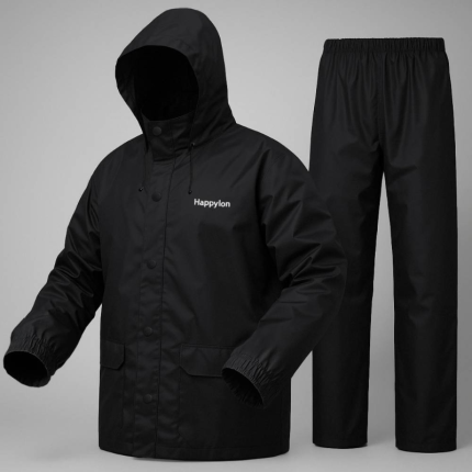 100% Water proof High quality Rain Coat With Pant. (Happylon) Black