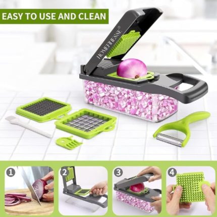 16-in-1 Multifunctional Vegetable Chopper & Mandoline Slicer – Professional Kitchen Food Cutter with Stainless Steel Blades, Storage Container & Handguard