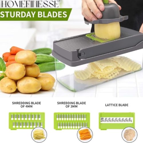 16-in-1 Multifunctional Vegetable Chopper & Mandoline Slicer – Professional Kitchen Food Cutter with Stainless Steel Blades, Storage Container & Handguard