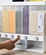 6-in-1 Wall Mounted Grain & Rice Dispenser – 10kg Multi-Grid Airtight Food Storage Container with Press Button for Kitchen Organization