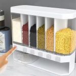 6-in-1 Wall Mounted Grain & Rice Dispenser – 10kg Multi-Grid Airtight Food Storage Container with Press Button for Kitchen Organization