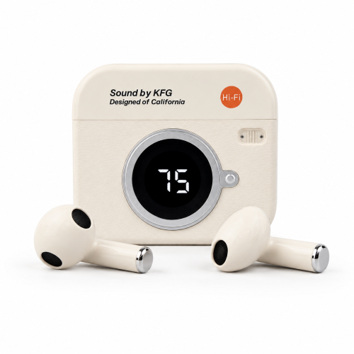 Q86 Retro Camera Design True Wireless Earbuds – Bluetooth 5.4 TWS with Leather Texture, Digital LED Display, Low Latency Gaming & ENC Noise Reduction