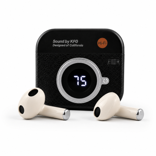 Q86 Retro Camera Design True Wireless Earbuds – Bluetooth 5.4 TWS with Leather Texture, Digital LED Display, Low Latency Gaming & ENC Noise Reduction