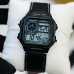 Casio Illuminator Vintage Digital Leather Strap Watch – World Map Display, Long Battery Life, Water Resistant, Formal & Casual Wristwatch with Premium Gift Box & Extra Batteries