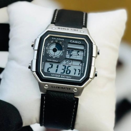 Casio Illuminator Vintage Digital Leather Strap Watch – World Map Display, Long Battery Life, Water Resistant, Formal & Casual Wristwatch with Premium Gift Box & Extra Batteries