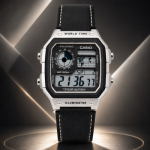 Casio Illuminator Vintage Digital Leather Strap Watch – World Map Display, Long Battery Life, Water Resistant, Formal & Casual Wristwatch with Premium Gift Box & Extra Batteries