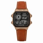 Casio Illuminator Vintage Digital Leather Strap Watch – World Map Display, Long Battery Life, Water Resistant, Formal & Casual Wristwatch with Premium Gift Box & Extra Batteries