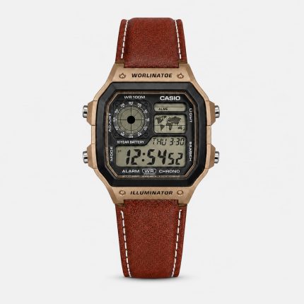 Casio Illuminator Vintage Digital Leather Strap Watch – World Map Display, Long Battery Life, Water Resistant, Formal & Casual Wristwatch with Premium Gift Box & Extra Batteries