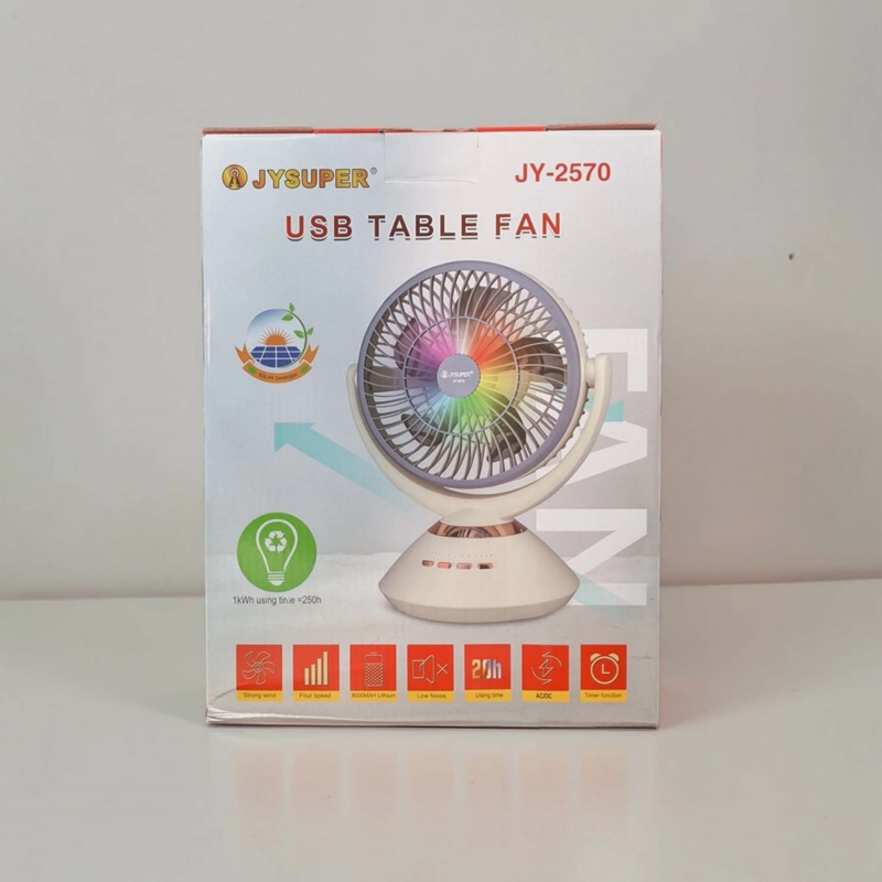 JYSUPER JY-2570 Rechargeable Stand/Table Fan with LED Light – 4 Speed Levels, 100° Auto Oscillation, 115° Tilt, Timer & Solar Panel Charging Support