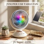 JYSUPER JY-2570 Rechargeable Stand/Table Fan with LED Light – 4 Speed Levels, 100° Auto Oscillation, 115° Tilt, Timer & Solar Panel Charging Support