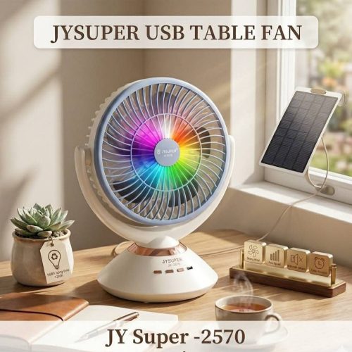 JYSUPER JY-2570 Rechargeable Stand/Table Fan with LED Light – 4 Speed Levels, 100° Auto Oscillation, 115° Tilt, Timer & Solar Panel Charging Support
