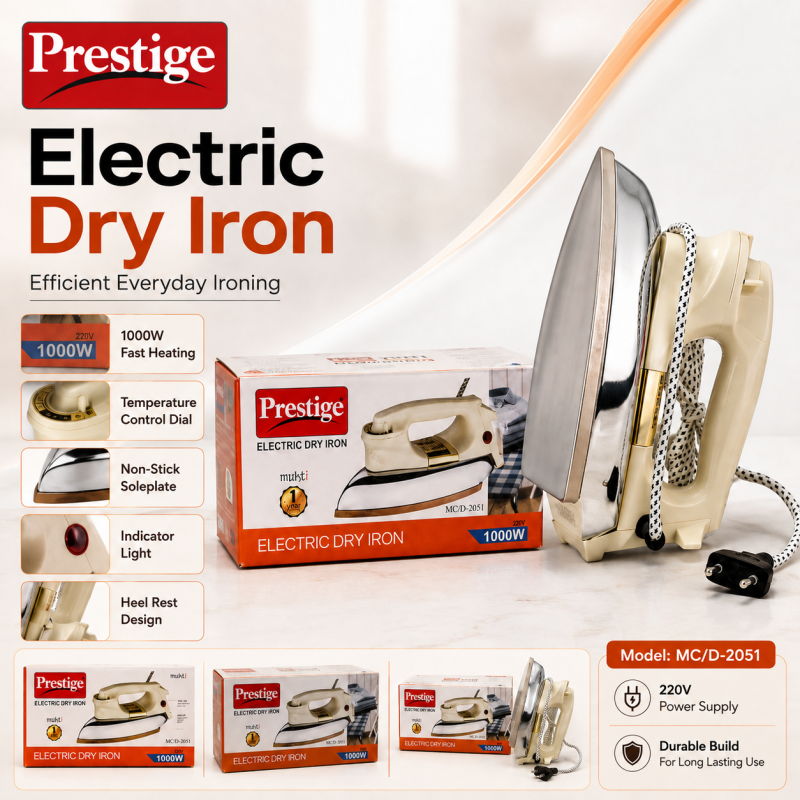 Prestige Heavy Body Dry Iron 1000W – Fast Heating Non-Stick Soleplate Press for Smooth, Wrinkle-Free & Effortless Daily Clothing Ironing