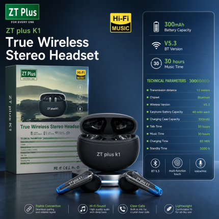 ZT Plus K1 True Wireless Stereo Earbuds – Bluetooth 5.3 TWS with Bluetrum Chipset, 300mAh Charging Case & 30H Total Playtime
