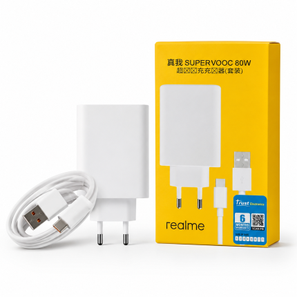 Realme 80W Super Fast Charging Adapter with Cable – Original SuperVOOC Wall Charger with 10W Standard Charging Support & Smart Safety Protection