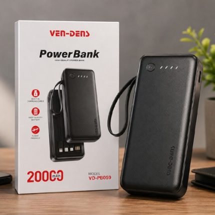 VEN-DENS VD-PB059 20000mAh Power Bank – Portable Charger with Built-in Type-C, Micro & Lightning Cables, LED Indicator & Flight-Friendly Design