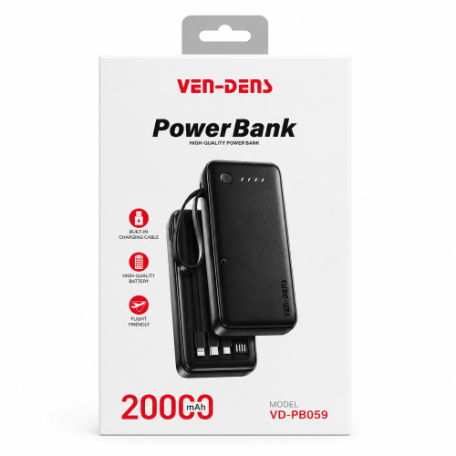 VEN-DENS VD-PB059 20000mAh Power Bank – Portable Charger with Built-in Type-C, Micro & Lightning Cables, LED Indicator & Flight-Friendly Design