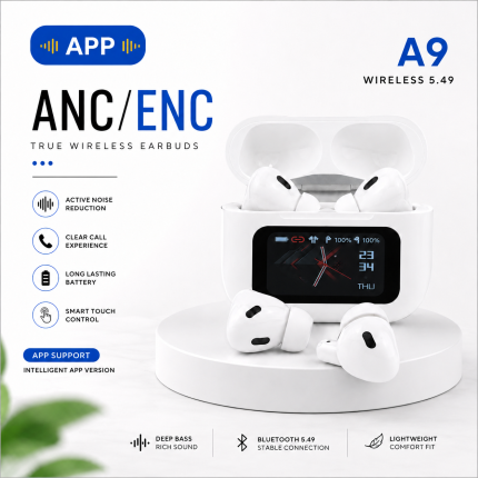 A9 Pro True Wireless Earbuds – Smart Touch Screen Display, ANC & ENC Noise Cancellation, Dedicated App Support & TWS Bluetooth Earphones