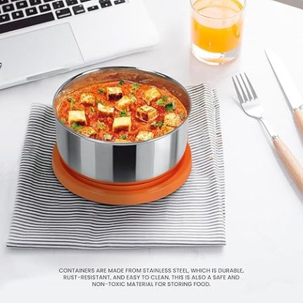 MILTON Triyum Stainless Steel Tiffin, 3 Container, 280 ml Each, with Jacket, Spoon & Fork, Orange | Lunch Box | Food Grade | Odour Proof | Light Weight | Hygienic
