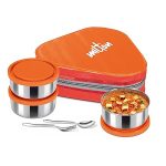 MILTON Triyum Stainless Steel Tiffin, 3 Container, 280 ml Each, with Jacket, Spoon & Fork, Orange | Lunch Box | Food Grade | Odour Proof | Light Weight | Hygienic