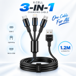 X.Cell High-Performance 3-in-1 Multi Charging Cable – 1.2M Charging Cord with USB-C, Lightning & Micro-USB Connectors for Universal Smartphones