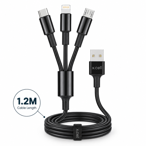 X.Cell High-Performance 3-in-1 Multi Charging Cable – 1.2M Charging Cord with USB-C, Lightning & Micro-USB Connectors for Universal Smartphones