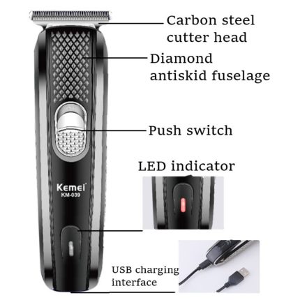 Kemei KM-039 Professional Hair Clipper & Beard Trimmer – Cordless USB Rechargeable Grooming Kit with Stainless Steel Blades, 130-Min Run Time & 3 Guide Combs