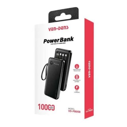VEN-DENS 10000mAh Power Bank (VD-PB058) – Portable Charger with Built-in Type-C, Micro & Lightning Cables, Fireproof Shell & LED Indicator