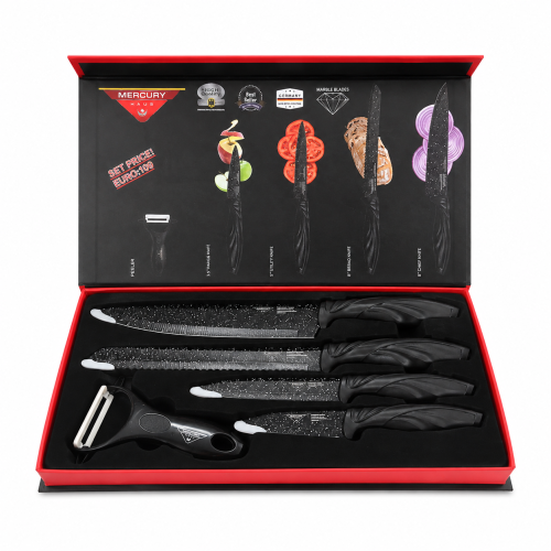 Zepter 5-Piece Non-Stick Kitchen Knife Set – Super Sharp High-Carbon Stainless Steel Knives with Peeler & Ergonomic Curved Blades for Cutting, Fruit & Vegetables