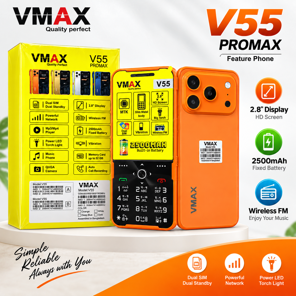 VMAX V55 PRO Max Feature Phone – 2.8 Inch HD Display, Slim Metal Body, 2500mAh Built-In Battery, Type-C Port, Wireless FM, Auto Call Recording & Dual SIM Support