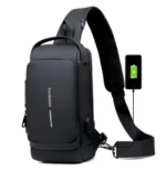 USB charging sport sling Anti-theft shoulder bag (Black)