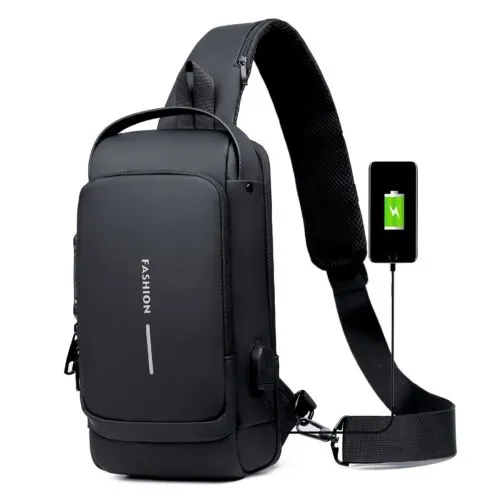 USB charging sport sling Anti-theft shoulder bag (Black) - Image 1